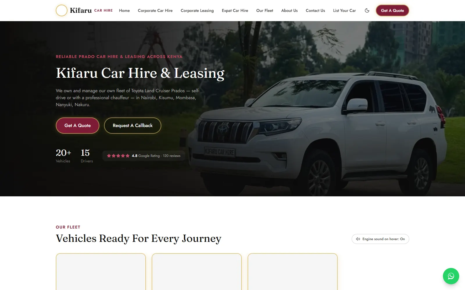 Kifaru Car Hire website homepage